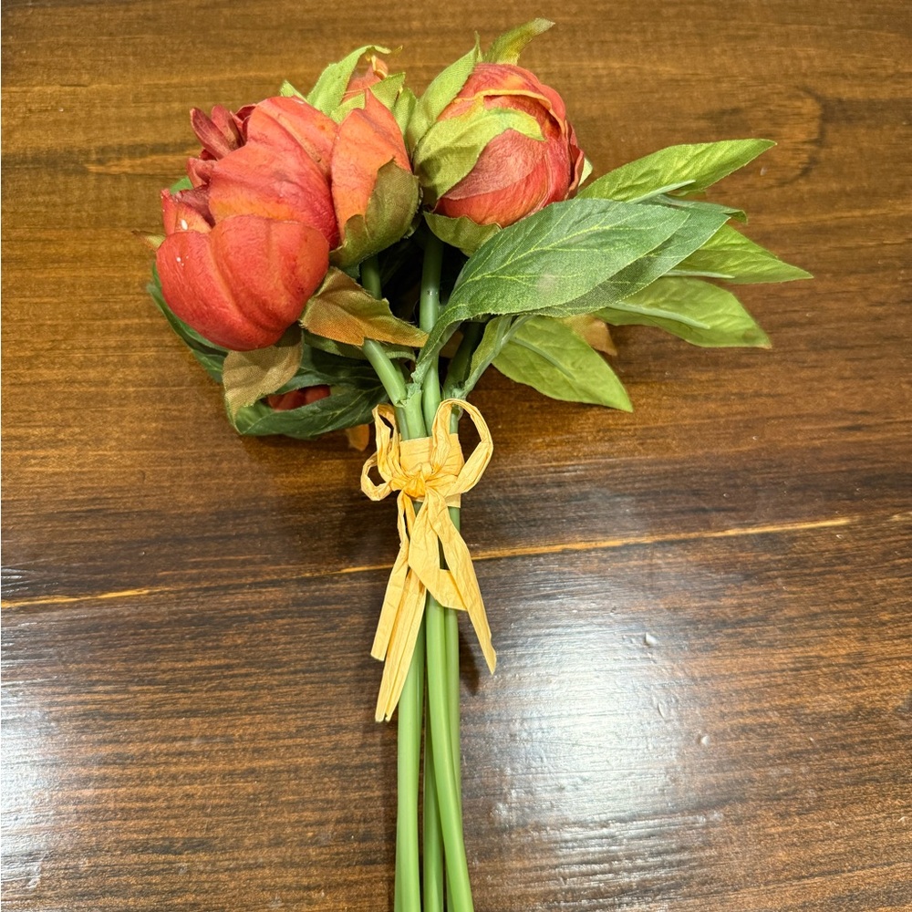 Faux Peony Bouquet Burnt Orange Green Leaves 6 Stem Bundle